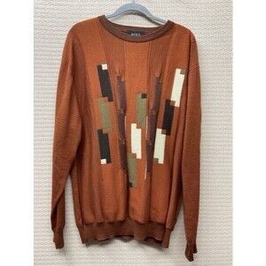 Miko Orange Geometric Knit Wool Blend Long Sleeve CrewNeck Sweater Men Size XL
